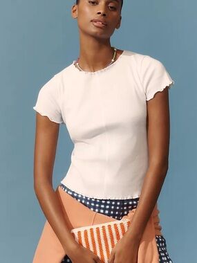 Pilcro White Ribbed Lettuce-Edge Short Sleeve Top